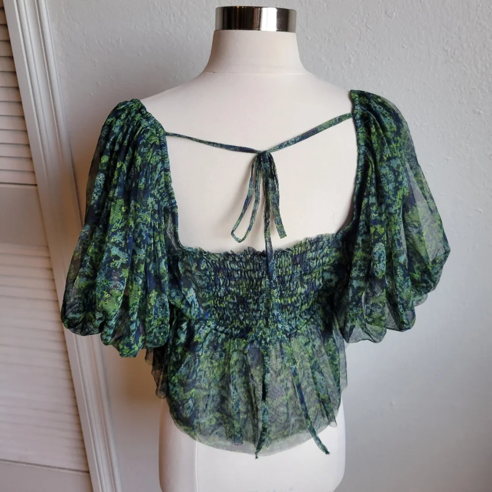 Free People Green Navy Floral Puff Sleeve Peplum Blouse